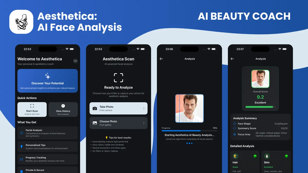 AI face analysis results showing face shape, symmetry score and detailed hair and skin analysis
